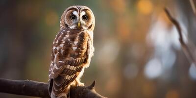 búho pájaro sentado en un banch árbol. wil vida naturaleza al aire libre bosque antecedentes paisaje escena foto