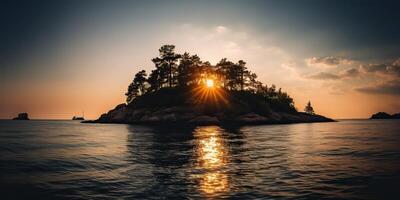 Island in the middle of the sea ocean lake with many trees. Relaxing sunset background scene view photo