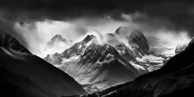 increíble negro y blanco fotografía de hermosa montañas y colinas con oscuro cielo paisaje antecedentes ver escena foto