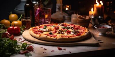 Fresh baked tasty pizza with meat and vegetables and herbs on dinner table. Meal food restaurant background scene photo