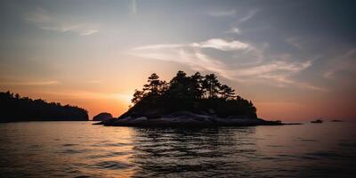 Island in the middle of the sea ocean lake with many trees. Relaxing sunset background scene view photo