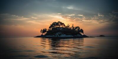Island in the middle of the sea ocean lake with many trees. Relaxing sunset background scene view photo