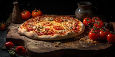 Fresh baked tasty pizza with meat and vegetables and herbs on dinner table. Meal food restaurant background scene photo