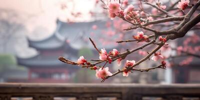 antiguo asiático japonés chino antiguo Clásico retro pueblo ciudad edificio templo con naturaleza árbol flores foto