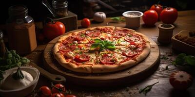 Fresh baked tasty pizza with meat and vegetables and herbs on dinner table. Meal food restaurant background scene photo