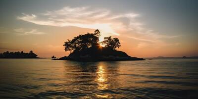 Island in the middle of the sea ocean lake with many trees. Relaxing sunset background scene view photo