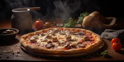 Fresh baked tasty pizza with meat and vegetables and herbs on dinner table. Meal food restaurant background scene photo