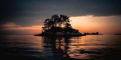 Island in the middle of the sea ocean lake with many trees. Relaxing sunset background scene view photo