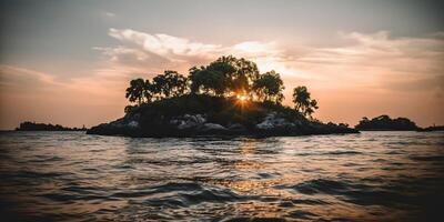 Island in the middle of the sea ocean lake with many trees. Relaxing sunset background scene view photo
