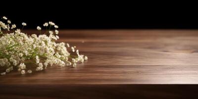 Small white flowers gypsophila on wood table scene. Decorative romantic elegance mock up background photo