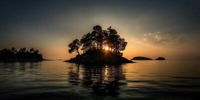 Island in the middle of the sea ocean lake with many trees. Relaxing sunset background scene view photo
