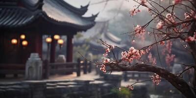 Ancient asian japanese chinese old vintage retro town city building temple with nature tree flowers photo