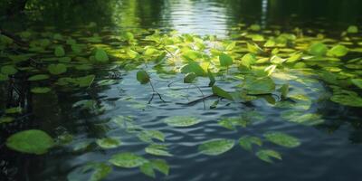 Green leaves on pond river lake landscaoe background view photo