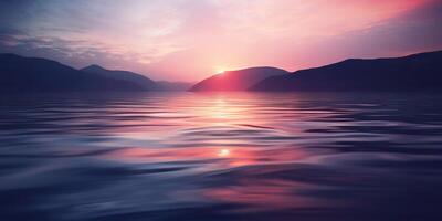 Nature outdoor sunset over lake sea with mountains hills landscape bacgkround, Pink blur out of focus view photo