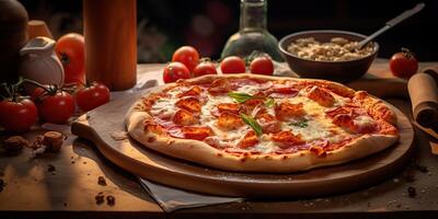 Fresh baked tasty pizza with meat and vegetables and herbs on dinner table. Meal food restaurant background scene photo