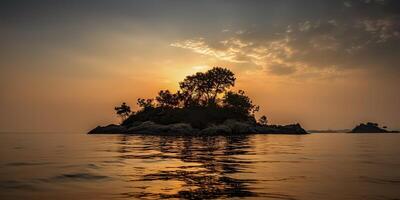 Island in the middle of the sea ocean lake with many trees. Relaxing sunset background scene view photo