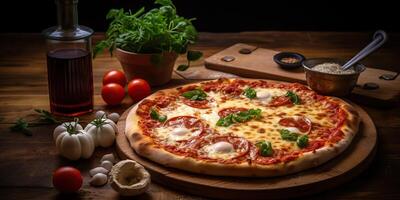 Fresco horneado sabroso Pizza con carne y vegetales y hierbas en cena mesa. comida comida restaurante antecedentes escena foto