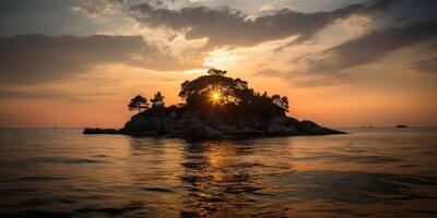 Island in the middle of the sea ocean lake with many trees. Relaxing sunset background scene view photo