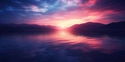 Nature outdoor sunset over lake sea with mountains hills landscape bacgkround, Pink blur out of focus view photo