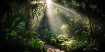 tropical lluvia selva profundo bosque con beab rayo ligero brillante. naturaleza al aire libre aventuras ambiente escena antecedentes ver foto