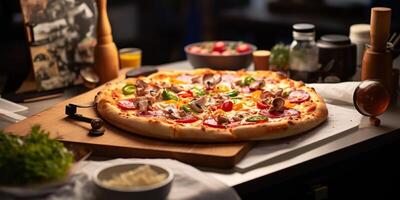 Fresh baked tasty pizza with meat and vegetables and herbs on dinner table. Meal food restaurant background scene photo