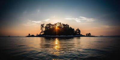 Island in the middle of the sea ocean lake with many trees. Relaxing sunset background scene view photo