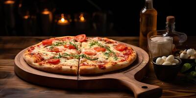 Fresh baked tasty pizza with meat and vegetables and herbs on dinner table. Meal food restaurant background scene photo