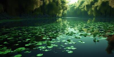 Green leaves on pond river lake landscaoe background view photo