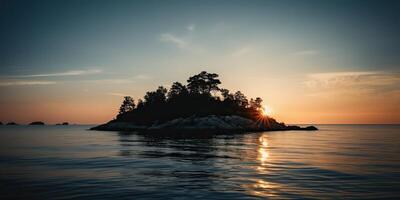 Island in the middle of the sea ocean lake with many trees. Relaxing sunset background scene view photo