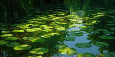 Green leaves on pond river lake landscaoe background view photo