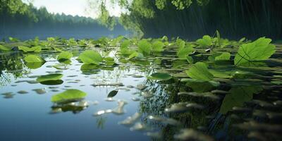 Green leaves on pond river lake landscaoe background view photo