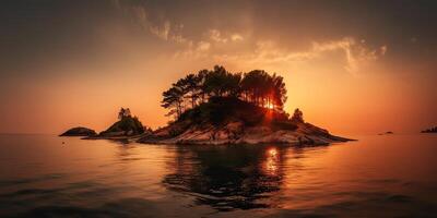 Island in the middle of the sea ocean lake with many trees. Relaxing sunset background scene view photo
