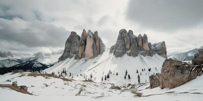 Cloud day rock hill mountain rock peak with snow at winter. Adventure expedition travel hiking scene view photo