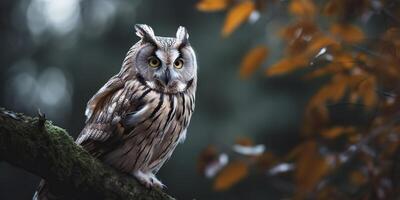 Owl bird sitting on a banch tree. Wil life nature outdoor forest background landscape scene photo