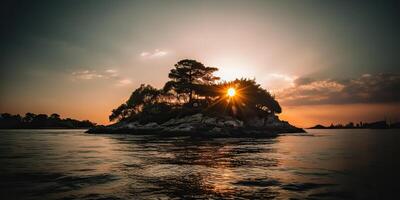 Island in the middle of the sea ocean lake with many trees. Relaxing sunset background scene view photo