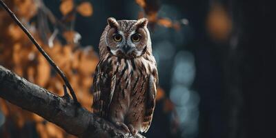 Owl bird sitting on a banch tree. Wil life nature outdoor forest background landscape scene photo