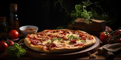 Fresh baked tasty pizza with meat and vegetables and herbs on dinner table. Meal food restaurant background scene photo