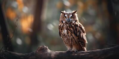 búho pájaro sentado en un banch árbol. wil vida naturaleza al aire libre bosque antecedentes paisaje escena foto