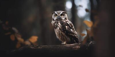 Owl bird sitting on a banch tree. Wil life nature outdoor forest background landscape scene photo