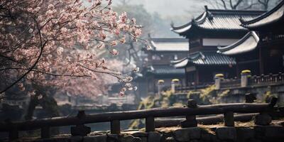 antiguo asiático japonés chino antiguo Clásico retro pueblo ciudad edificio templo con naturaleza árbol flores foto