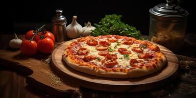 Fresh baked tasty pizza with meat and vegetables and herbs on dinner table. Meal food restaurant background scene photo