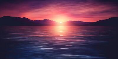 Nature outdoor sunset over lake sea with mountains hills landscape bacgkround, Pink blur out of focus view photo