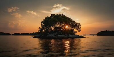 Island in the middle of the sea ocean lake with many trees. Relaxing sunset background scene view photo