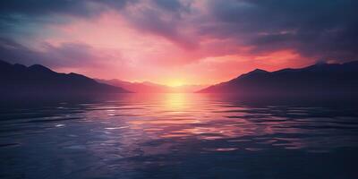 Nature outdoor sunset over lake sea with mountains hills landscape bacgkround, Pink blur out of focus view photo