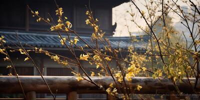 antiguo asiático japonés chino antiguo Clásico retro pueblo ciudad edificio templo con naturaleza árbol flores foto