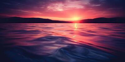 Nature outdoor sunset over lake sea with mountains hills landscape bacgkround, Pink blur out of focus view photo