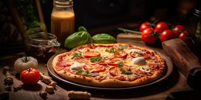 Fresh baked tasty pizza with meat and vegetables and herbs on dinner table. Meal food restaurant background scene photo