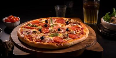 Fresh baked tasty pizza with meat and vegetables and herbs on dinner table. Meal food restaurant background scene photo