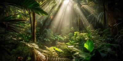 Tropical rain jungle deep forest with beab ray light shining. Nature outdoor adventure vibe scene background view photo