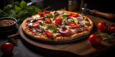 Fresh baked tasty pizza with meat and vegetables and herbs on dinner table. Meal food restaurant background scene photo